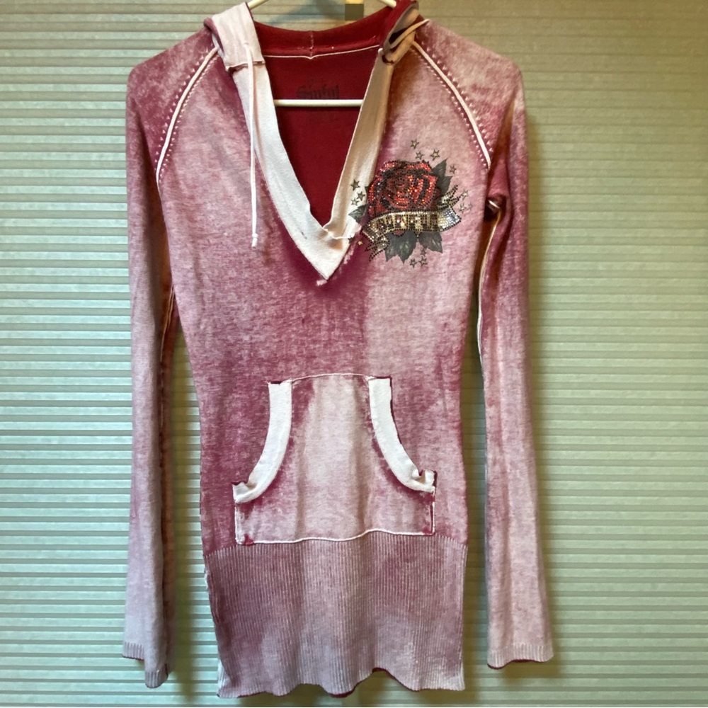 Sinful by Affliction Hooded V Neck Sweater Red Small Bird Rose Rhinestones Y2K